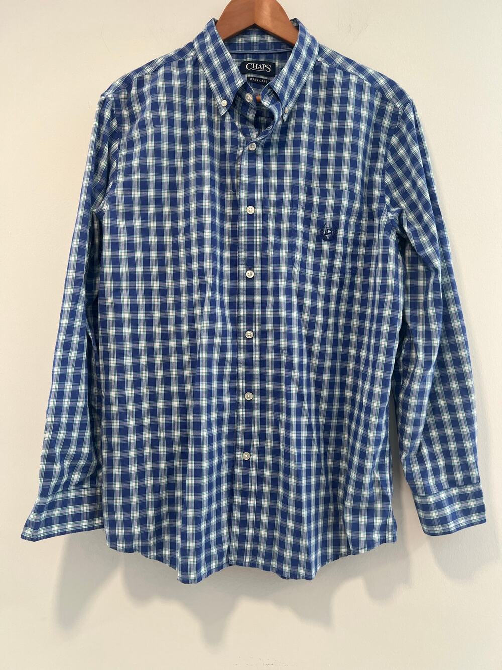 Chaps Button Down Casual Dress Shirt Blue Green Plaid Size Large JL